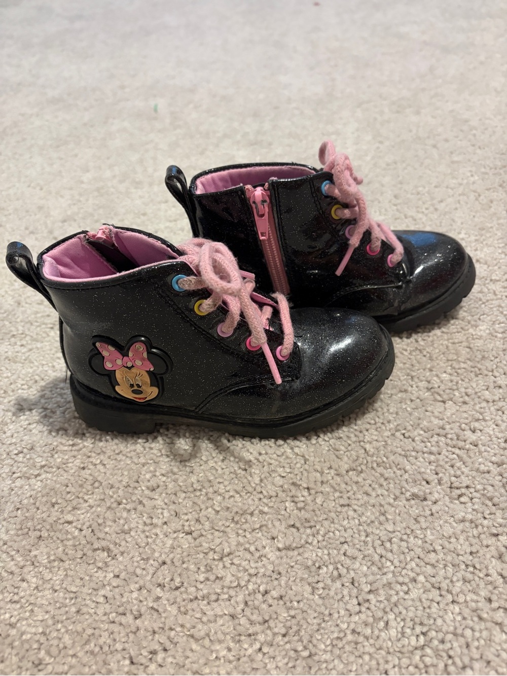 Girls Black Glitter Boots with Pink Laces - Minnie Accent